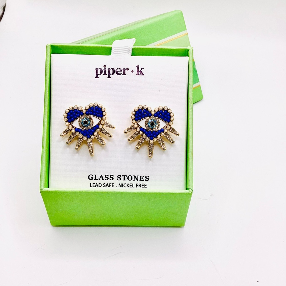 Piper K Blue Heart Evil Eye Crystal Stud Earrings